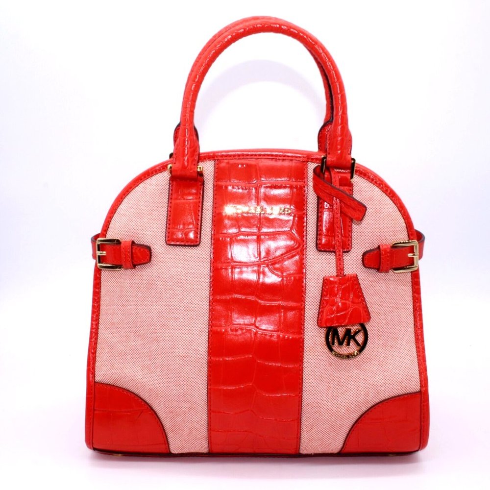 Michael Kors Bowling SATCHEL Shoulder Bag Purse Red Embossed Leather